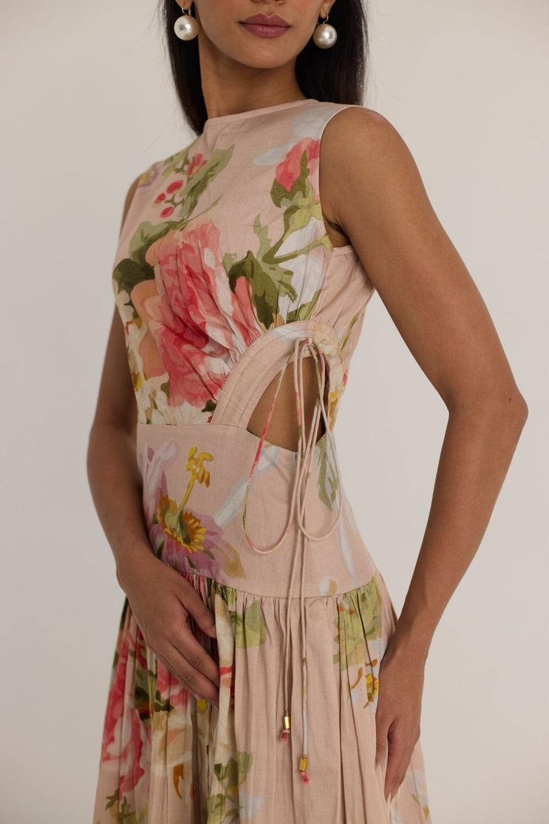 HAZEL SIDE CUT OUT DRESS satin by Yam in pink color for women in Singapore