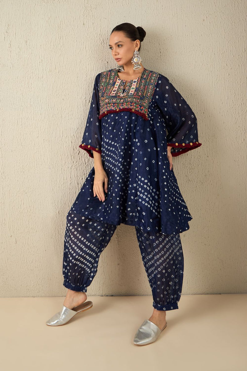 AFGHANI BANDHANI SET - Navy Blue silk by Aavidi in yellow color for women in Singapore