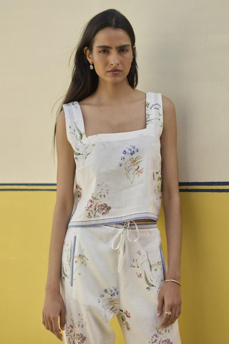 Ayaka Watercolor Floral Crop Top 
- Ivory linen by Manan in ivory color for women in Singapore