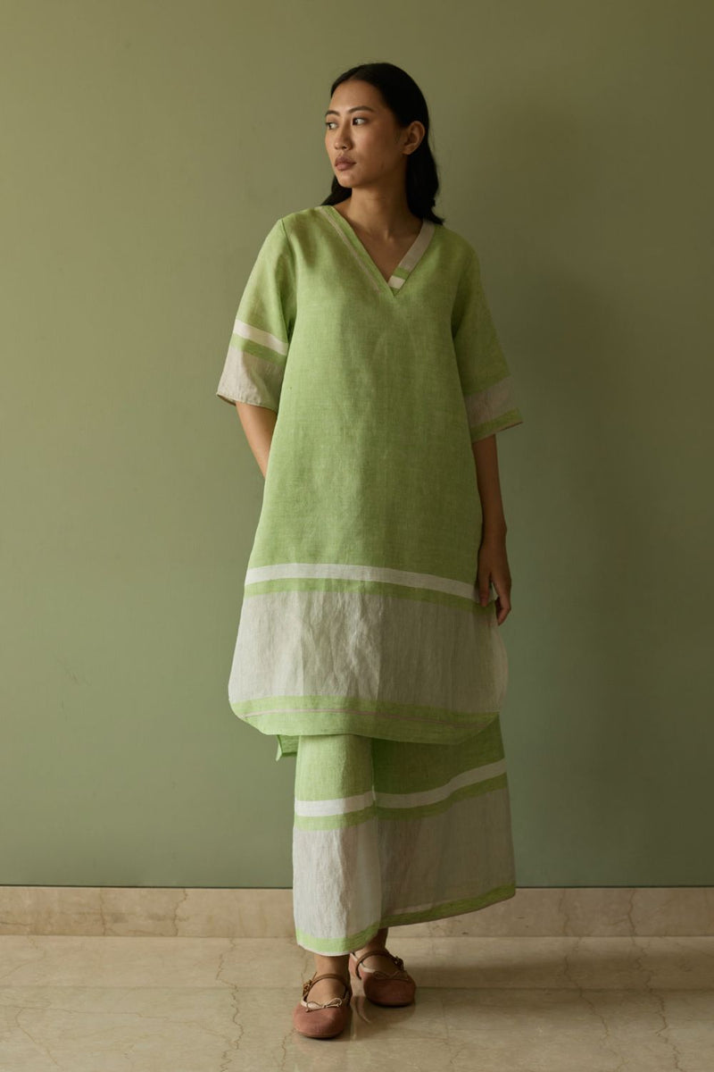 Iva Pleated Border Linen Kurta Set-Meadow linen by Manan in green color for women in Singapore