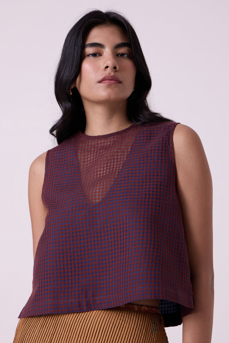 Ori Blue Checkered Handwoven Top handwoven silk cotton top/shirt by The Summer House in blue for women in Singapore