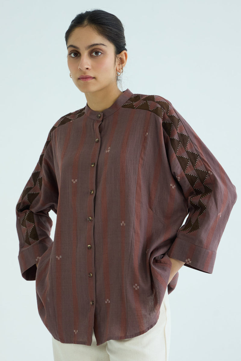 Amer Brown Handwoven Embroidered Top handwoven jamdhani cotton top/shirt by The Summer House in brown for women in Singapore