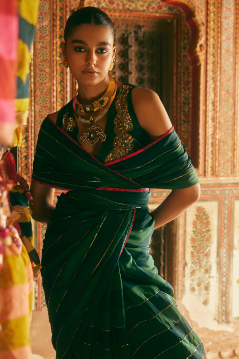 Khel Teal Green Stripe Saree With Waistcoat Blouse by Rajiramniq in green color for women in Singapore