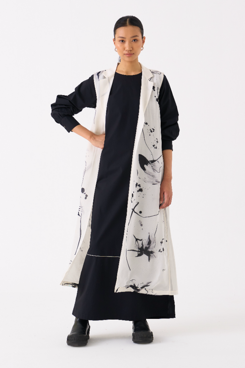 SLEEVELESS BACK PLEAT OVERLAY-BLACK FLORAL organza by THREE in black color for women in Singapore