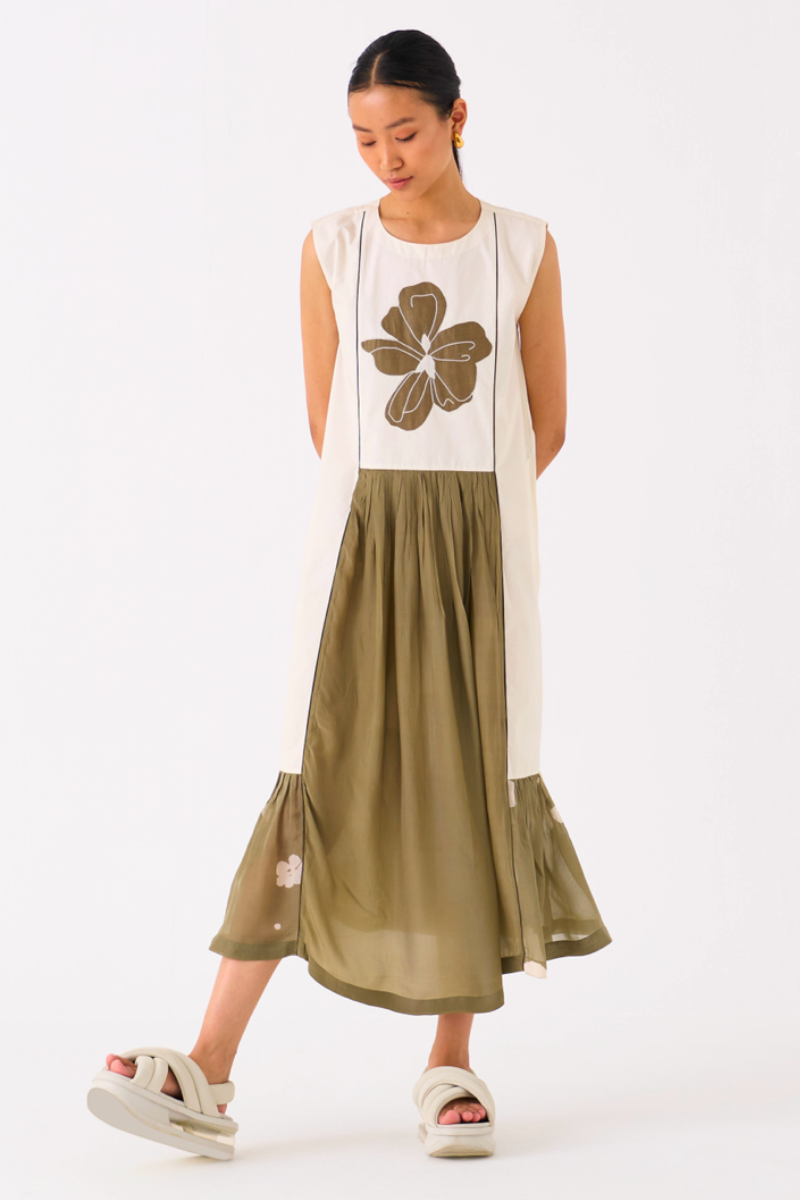 FLORAL PANELLED DRESS-IVORY/OLIVE poplin by THREE in olive color for women in Singapore