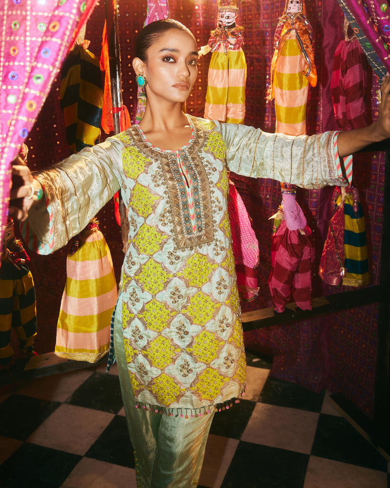Khel Powder Blue Kurta Set silk by Rajiramniq in blue color for women in Singapore