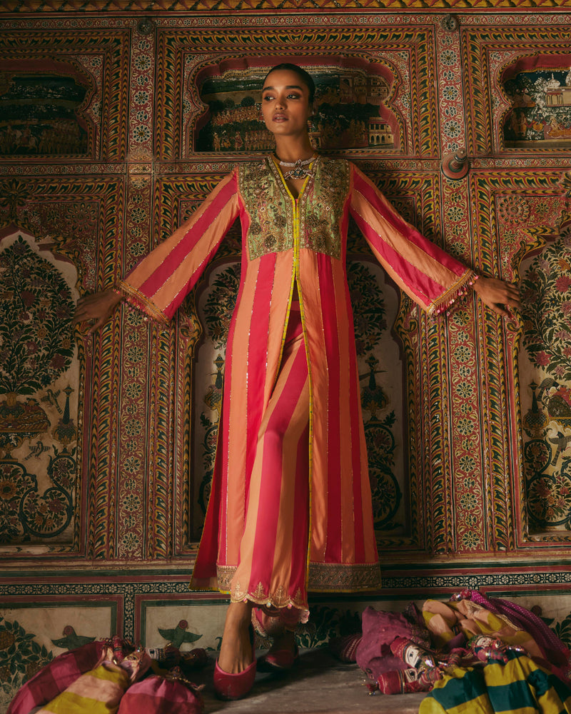 Khel Pink and Nude Yokr Embellished Jacket Kurta Set mul by Rajiramniq in multi color for women in Singapore