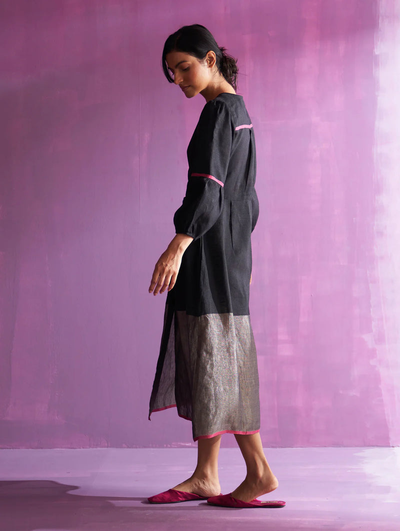 Zaina Metallic Wrap Dress - Black linen by Manan in black color for women in Singapore