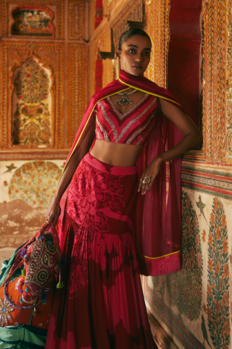 Khel Pink And Red Printed Lehenga mul by Rajiramniq in multi color for women in Singapore
