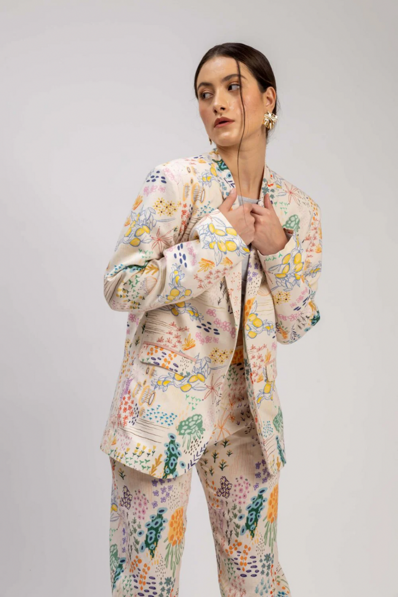 LIZA PRINTED BLAZER linen by Doodlage in multi color for women in Singapore