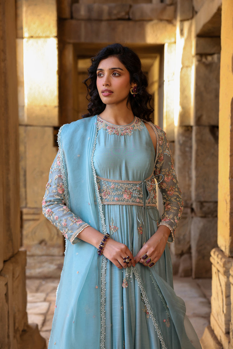 Vaayu Light Blue Heavy Koti Anarkali Set silk modal kurta/kurta set by Niti Bothra in light blue for women in Singapore