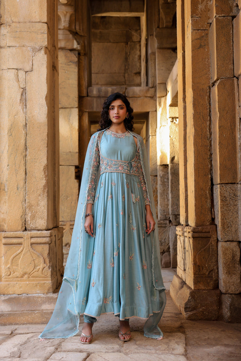 Vaayu Light Blue Heavy Koti Anarkali Set silk modal kurta/kurta set by Niti Bothra in light blue for women in Singapore