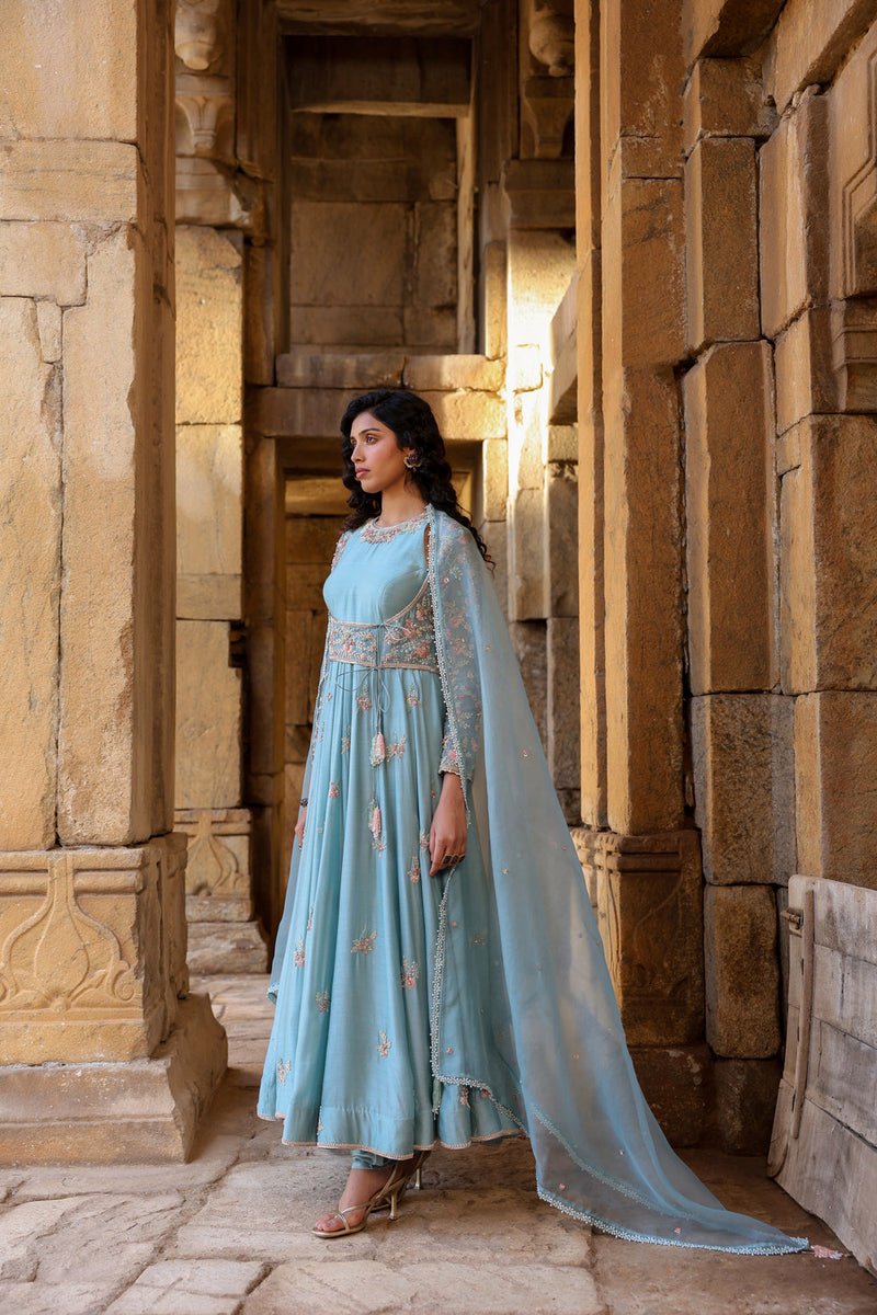 Vaayu Light Blue Heavy Koti Anarkali Set silk modal kurta/kurta set by Niti Bothra in light blue for women in Singapore