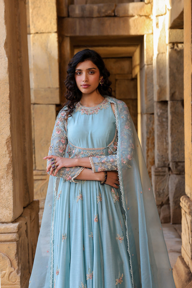 Vaayu Light Blue Heavy Koti Anarkali Set silk modal kurta/kurta set by Niti Bothra in light blue for women in Singapore