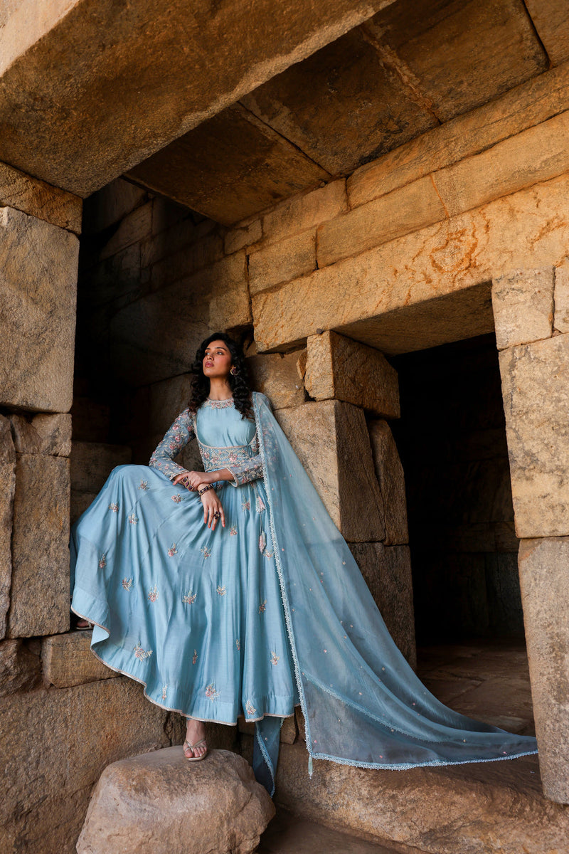Vaayu Light Blue Heavy Koti Anarkali Set silk modal kurta/kurta set by Niti Bothra in light blue for women in Singapore