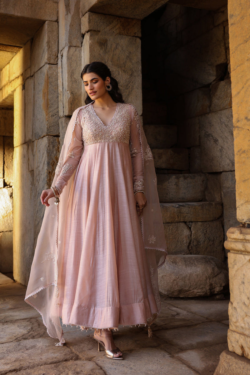 Vaayu Light Pink Applique Kalidar Set silk modal kurta/kurta set by Niti Bothra in light pink for women in Singapore