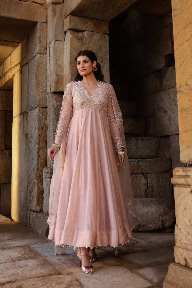 Vaayu Light Pink Applique Kalidar Set silk modal kurta/kurta set by Niti Bothra in light pink for women in Singapore