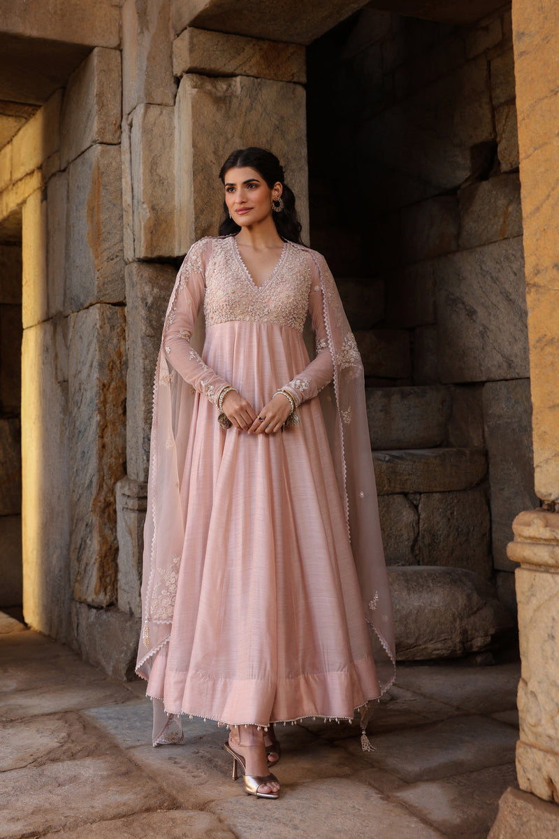 Vaayu Light Pink Applique Kalidar Set silk modal kurta/kurta set by Niti Bothra in light pink for women in Singapore