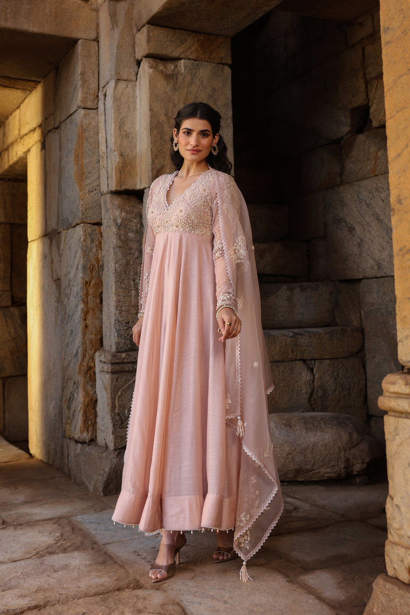 Vaayu Light Pink Applique Kalidar Set silk modal kurta/kurta set by Niti Bothra in light pink for women in Singapore