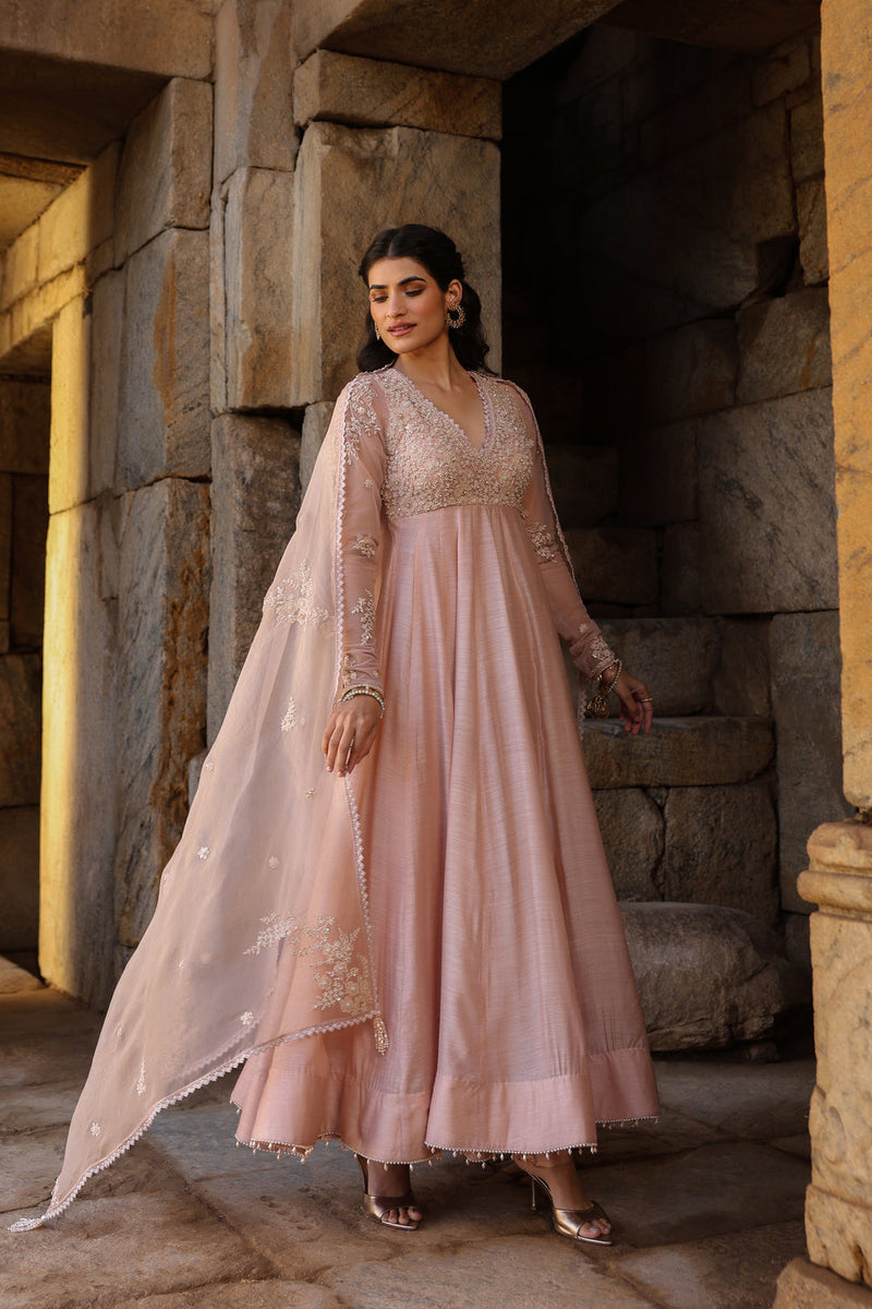 Vaayu Light Pink Applique Kalidar Set silk modal kurta/kurta set by Niti Bothra in light pink for women in Singapore