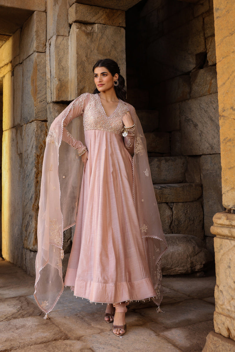 Vaayu Light Pink Applique Kalidar Set silk modal kurta/kurta set by Niti Bothra in light pink for women in Singapore