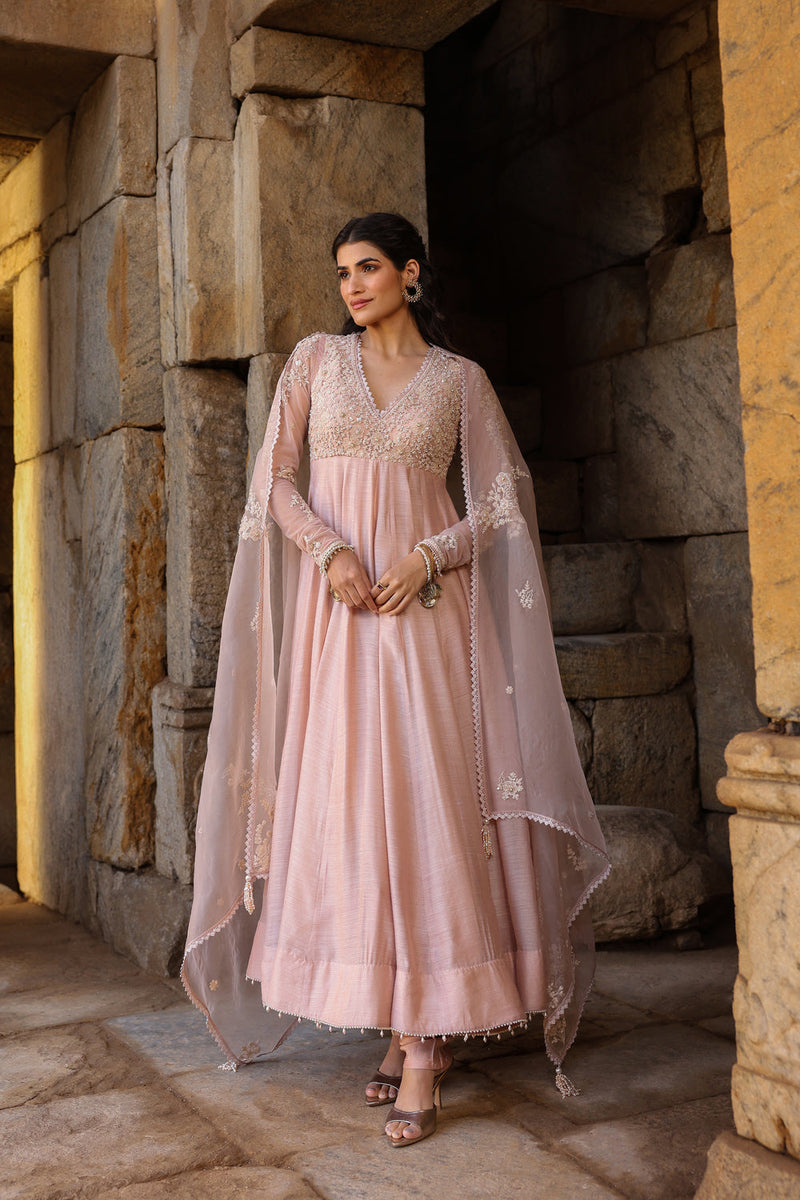 Vaayu Light Pink Applique Kalidar Set silk modal kurta/kurta set by Niti Bothra in light pink for women in Singapore