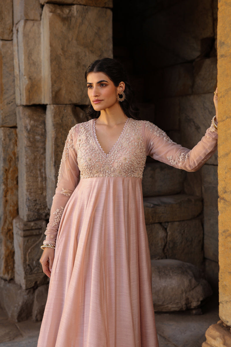 Vaayu Light Pink Applique Kalidar Set silk modal kurta/kurta set by Niti Bothra in light pink for women in Singapore