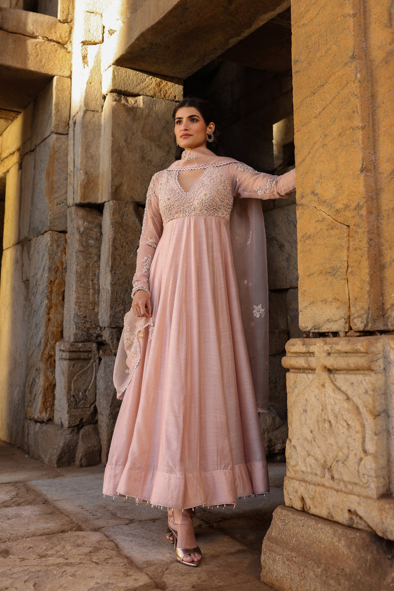 Vaayu Light Pink Applique Kalidar Set silk modal kurta/kurta set by Niti Bothra in light pink for women in Singapore
