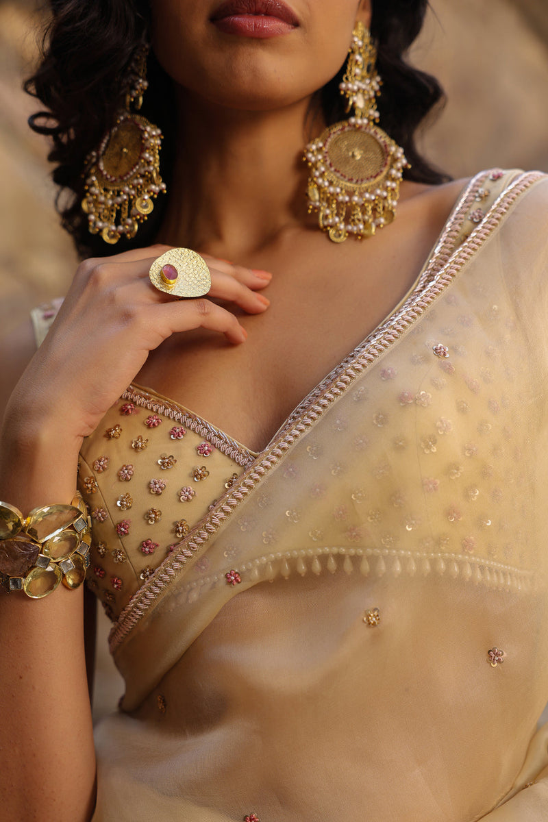 Vaayu Beige Multicolor Butti Saree Set organza saree by Niti Bothra in beige for women in Singapore
