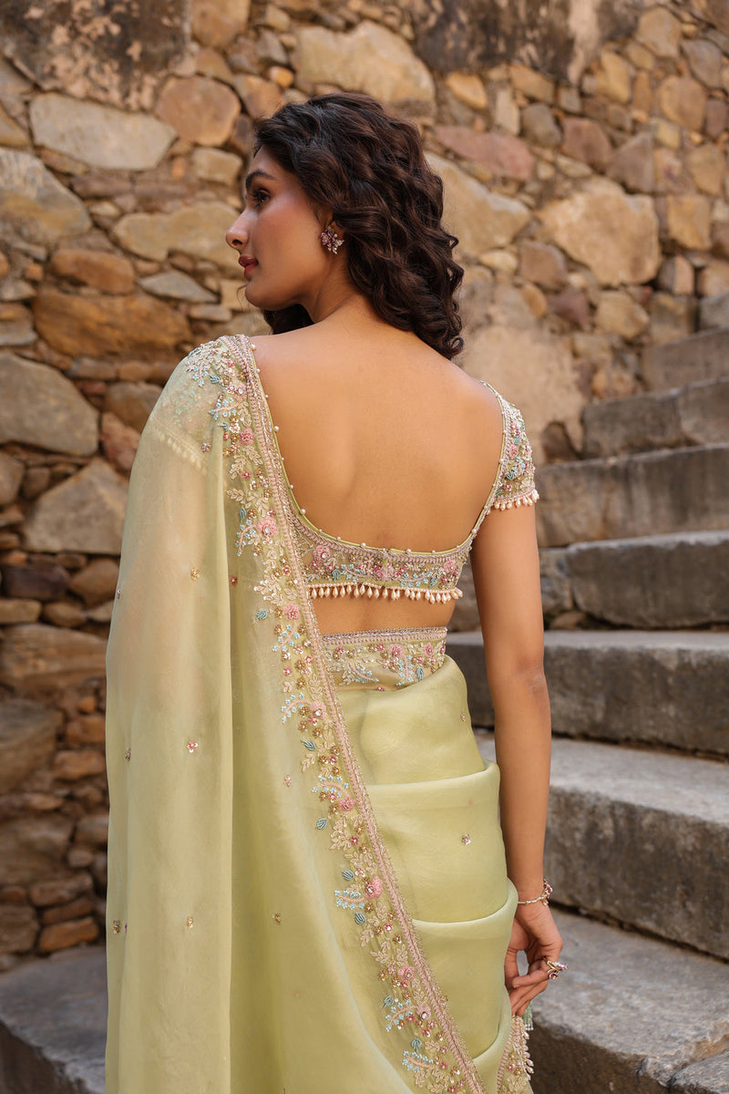 Vaayu Green Multicolor Border Saree Set organza saree by Niti Bothra in green for women in Singapore