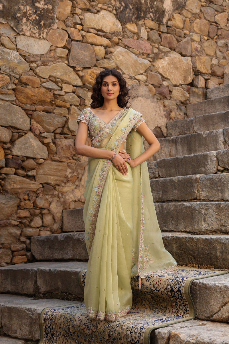 Vaayu Green Multicolor Border Saree Set organza saree by Niti Bothra in green for women in Singapore