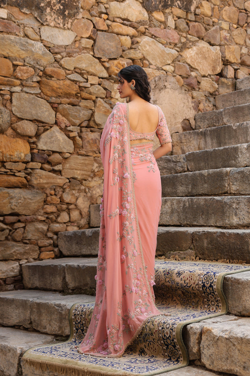 Vaayu Pink Jaal Saree Set georgette saree by Niti Bothra in pink for women in Singapore