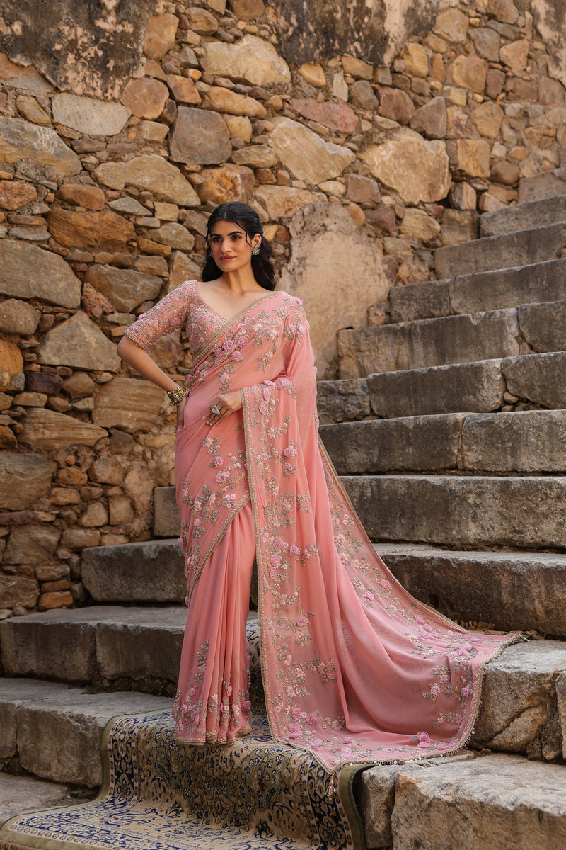 Vaayu Pink Jaal Saree Set georgette saree by Niti Bothra in pink for women in Singapore