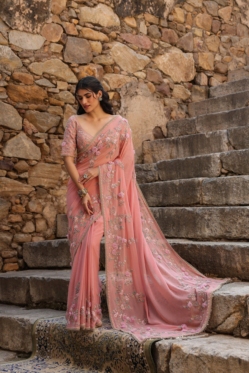 Vaayu Pink Jaal Saree Set georgette saree by Niti Bothra in pink for women in Singapore