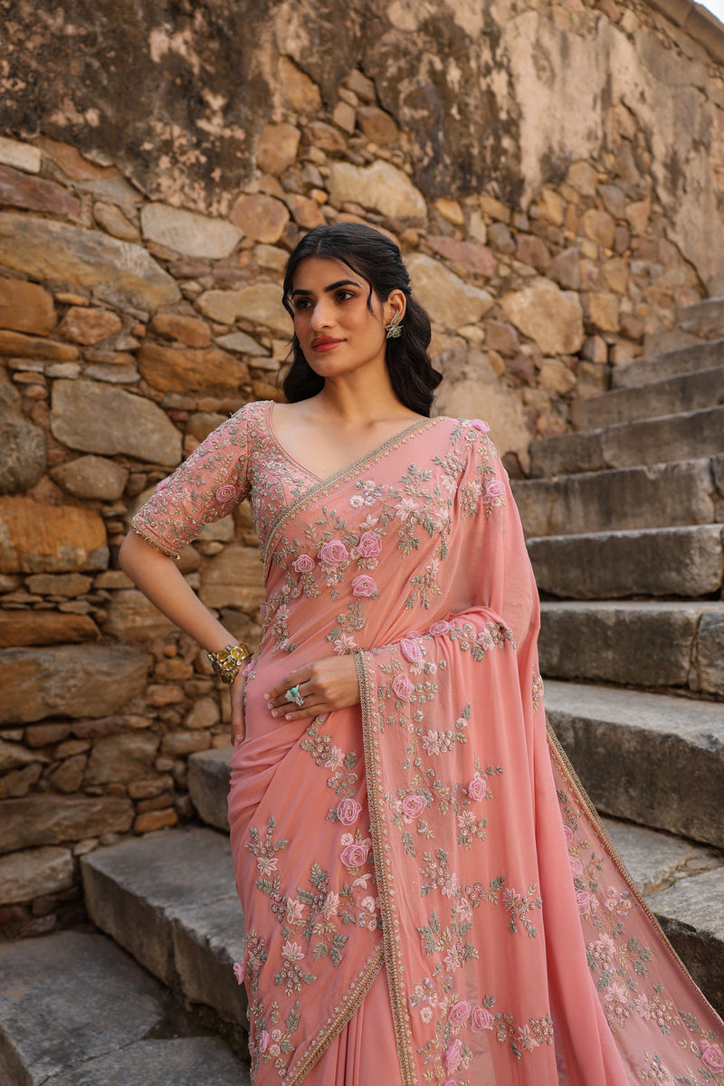 Vaayu Pink Jaal Saree Set georgette saree by Niti Bothra in pink for women in Singapore