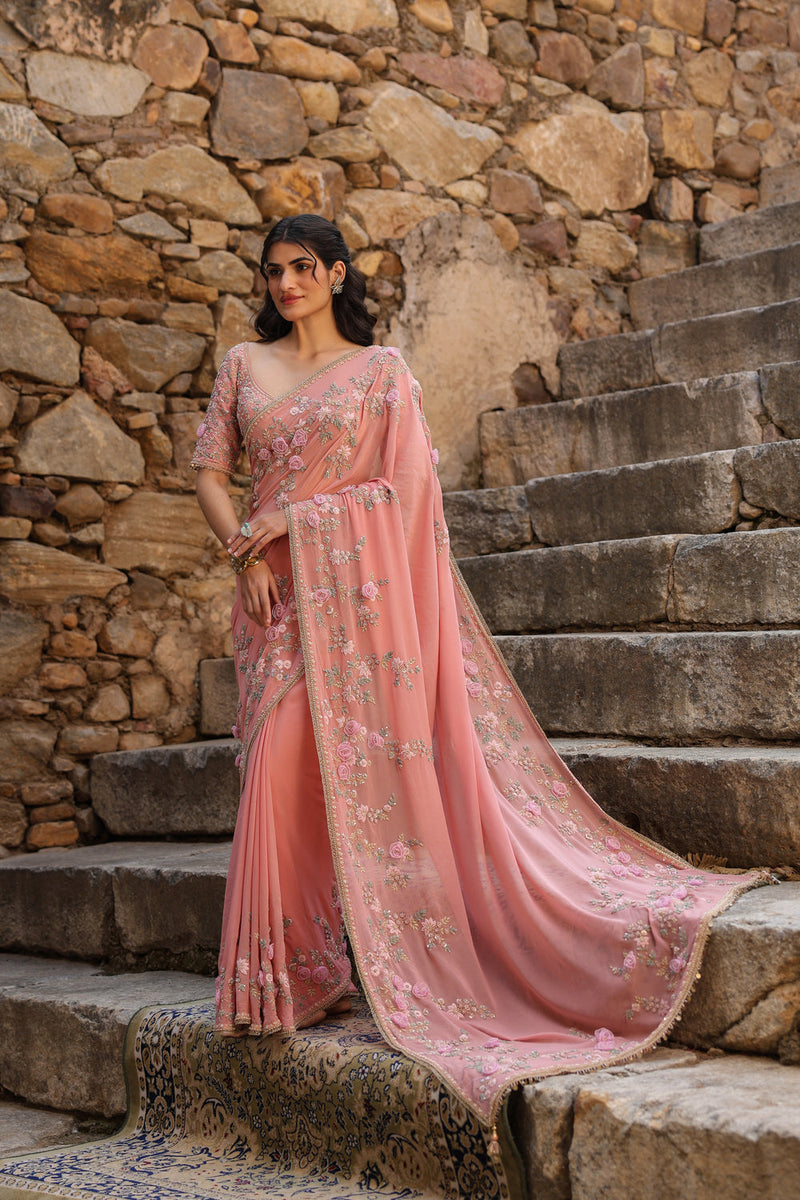 Vaayu Pink Jaal Saree Set georgette saree by Niti Bothra in pink for women in Singapore