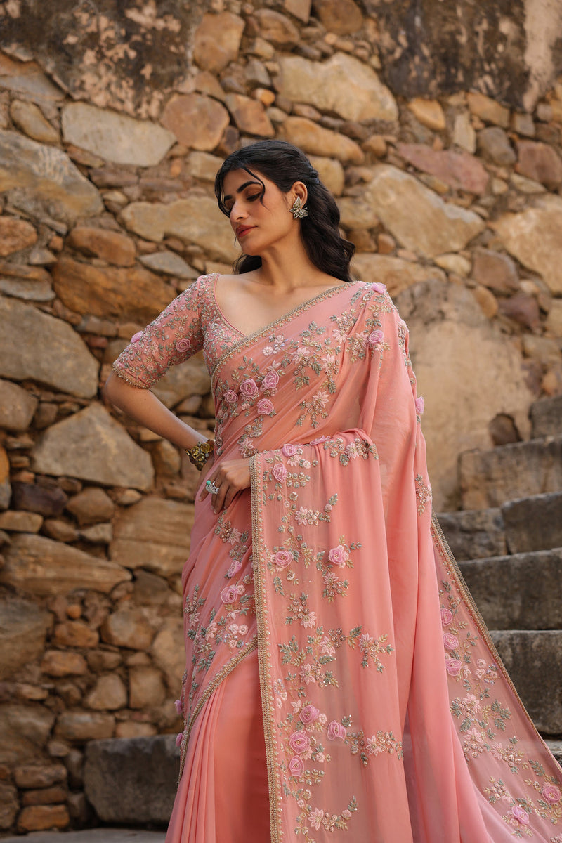 Vaayu Pink Jaal Saree Set georgette saree by Niti Bothra in pink for women in Singapore