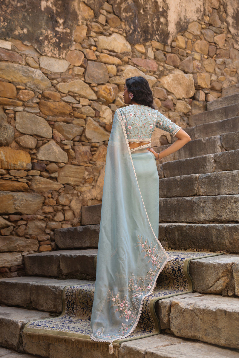 Vaayu Light Blue Phool Patti Saree Set organza saree by Niti Bothra in light blue for women in Singapore