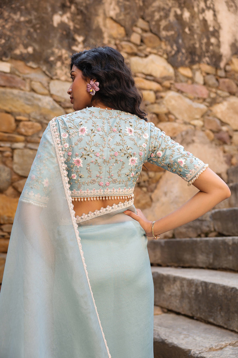 Vaayu Light Blue Phool Patti Saree Set organza saree by Niti Bothra in light blue for women in Singapore