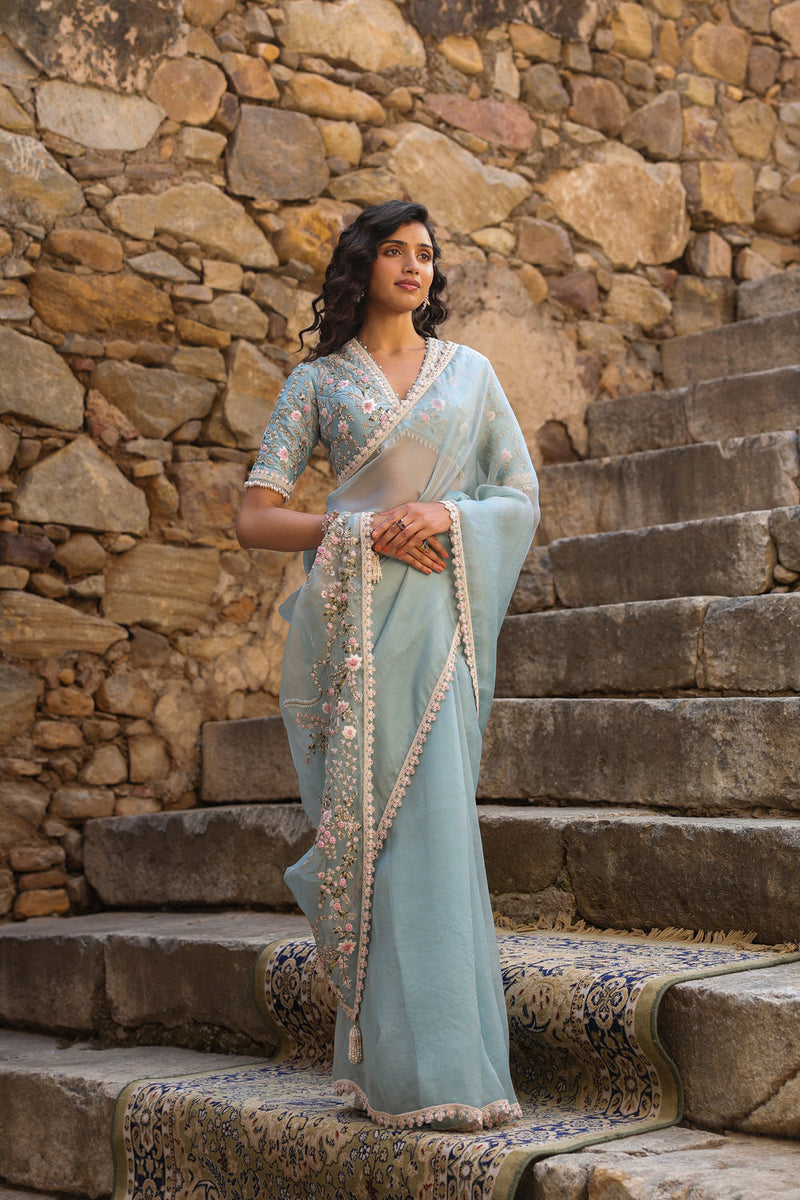 Vaayu Light Blue Phool Patti Saree Set organza saree by Niti Bothra in light blue for women in Singapore