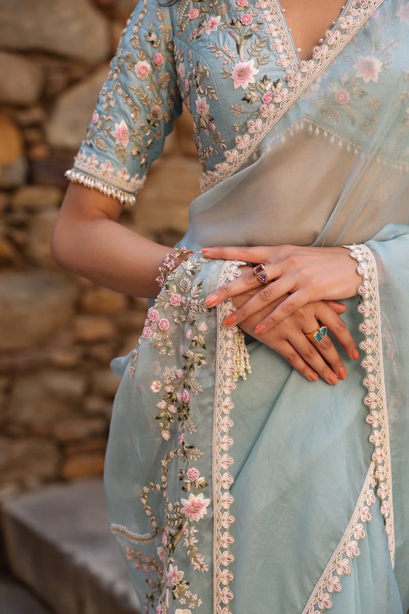 Vaayu Light Blue Phool Patti Saree Set organza saree by Niti Bothra in light blue for women in Singapore