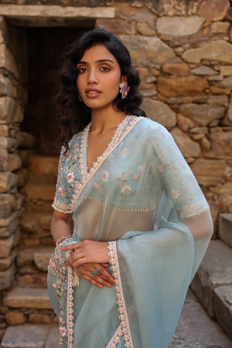 Vaayu Light Blue Phool Patti Saree Set organza saree by Niti Bothra in light blue for women in Singapore