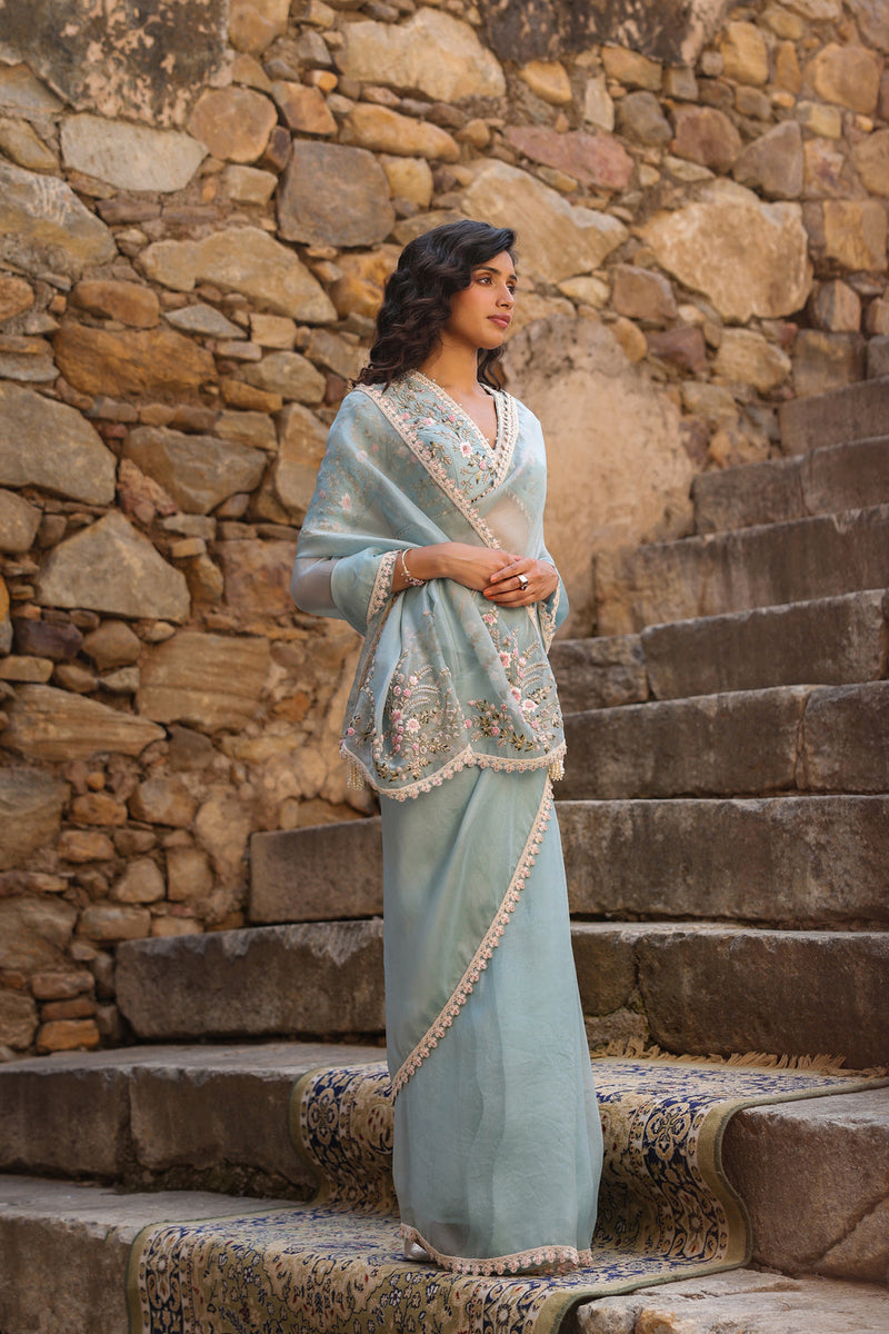 Vaayu Light Blue Phool Patti Saree Set organza saree by Niti Bothra in light blue for women in Singapore