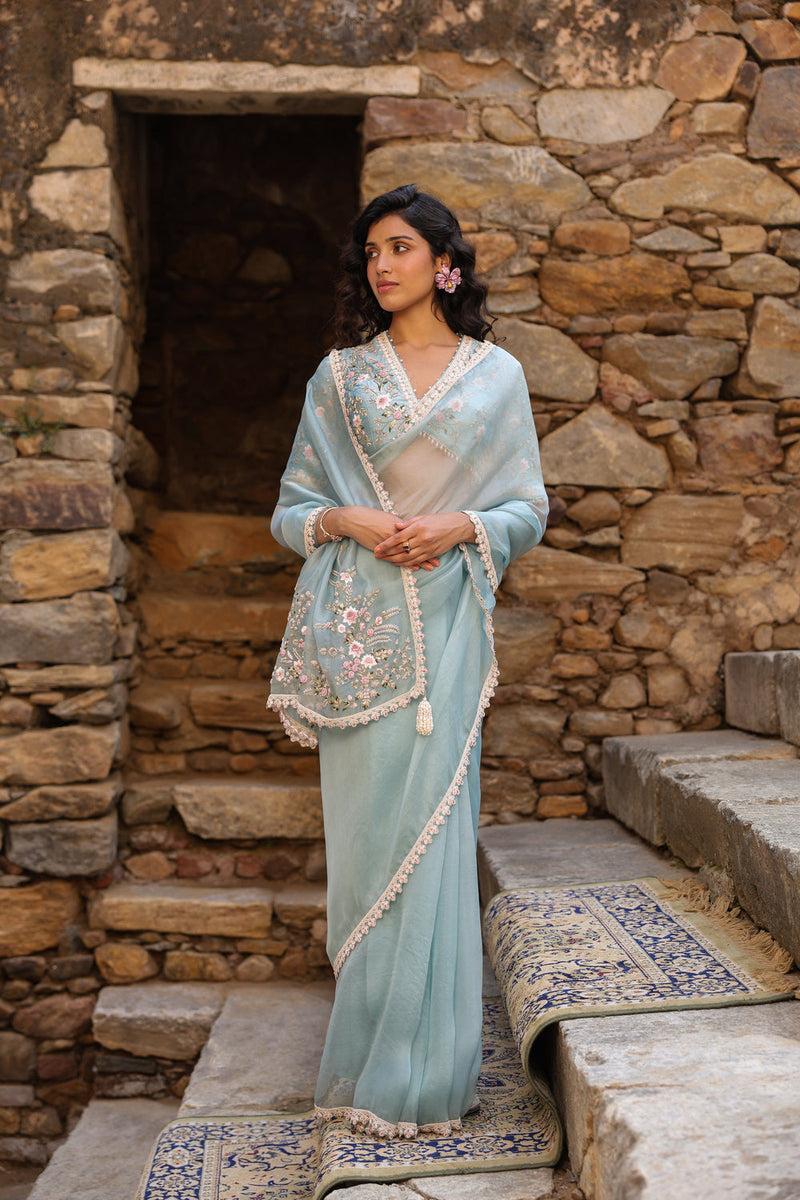 Vaayu Light Blue Phool Patti Saree Set organza saree by Niti Bothra in light blue for women in Singapore