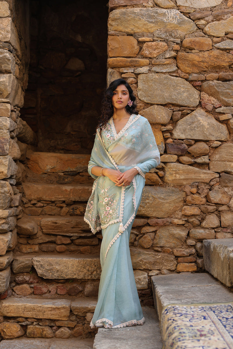 Vaayu Light Blue Phool Patti Saree Set organza saree by Niti Bothra in light blue for women in Singapore