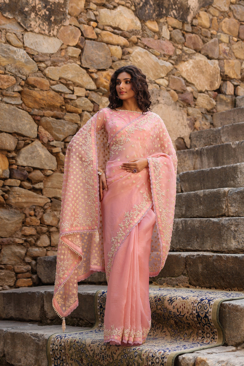 Vaayu Pink Heavy Butti Jaal Saree Set organza saree by Niti Bothra in pink for women in Singapore