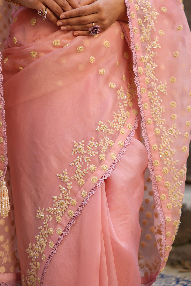 Vaayu Pink Heavy Butti Jaal Saree Set organza saree by Niti Bothra in pink for women in Singapore