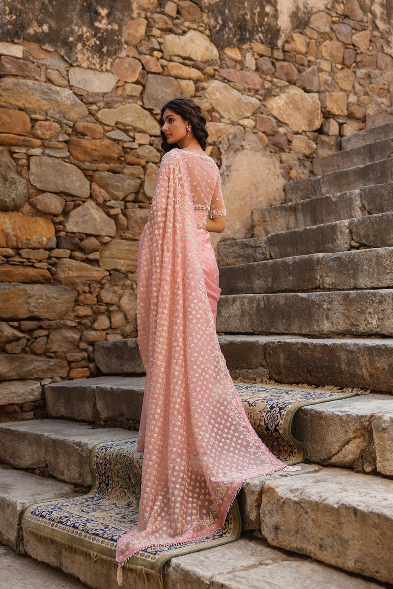 Vaayu Pink Heavy Butti Jaal Saree Set organza saree by Niti Bothra in pink for women in Singapore