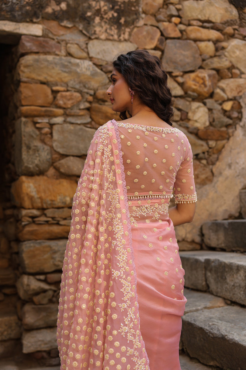 Vaayu Pink Heavy Butti Jaal Saree Set organza saree by Niti Bothra in pink for women in Singapore