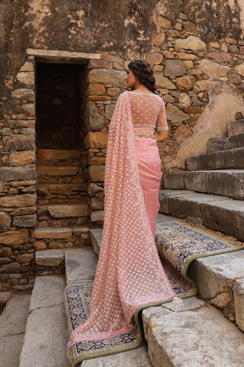 Vaayu Pink Heavy Butti Jaal Saree Set organza saree by Niti Bothra in pink for women in Singapore